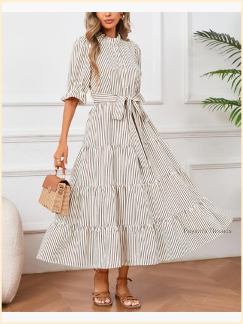 Striped Ruffle Collar Maxi Dress Half Sleeve Button Down Flowy Beach Vacation - Picture 3 of 7